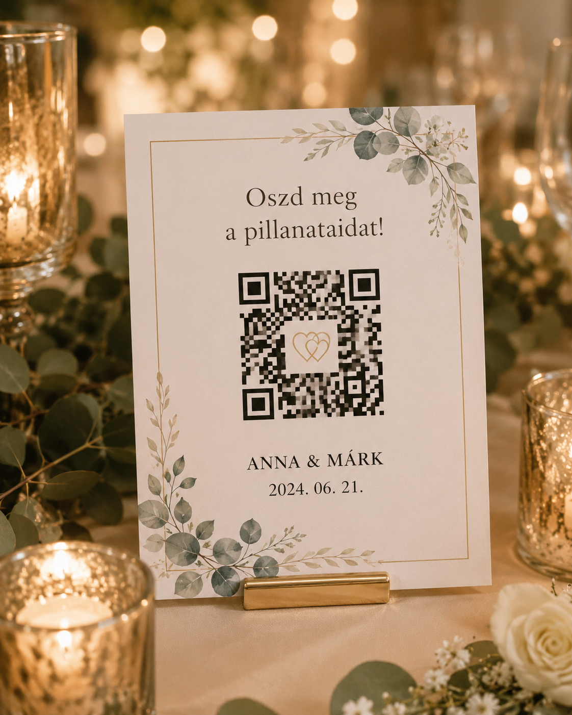 Esküvői QR-kódos asztali kártya